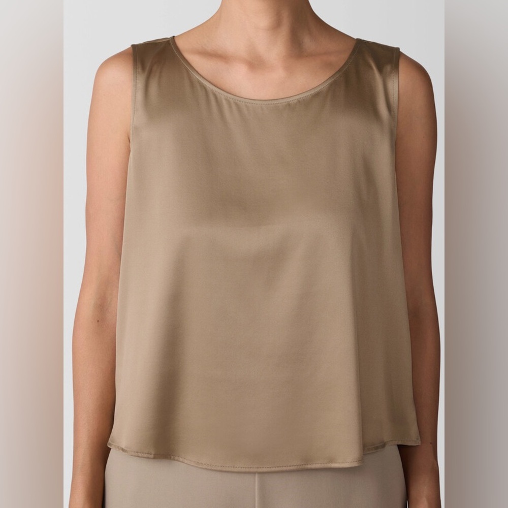 MAKE AN OFFER - EILEEN FISHER SILK Tan Sleeveless Shell Tank Blouse - Picture 3 of 6